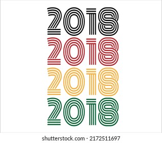 Year 2018 retro font. Vector with year for birthday in black, red, orange and green.