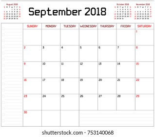 Year 2018 September planner - A monthly planner calendar for September 2018 on white background. A custom straight lines thick font is used.