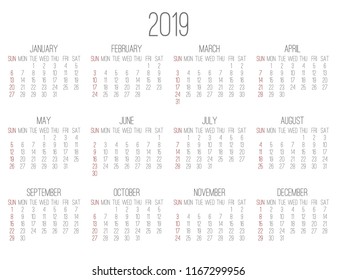 Year 2018 vector monthly calendar. Week starting from Sunday. Plain white contemporary design.