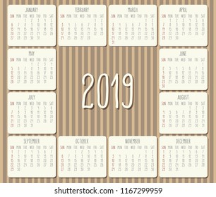 Year 2018 vector monthly calendar. Week starting from Sunday. Vintage brown stripes design.