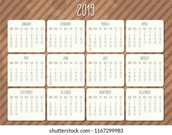 Year 2018 vector monthly calendar. Week starting from Sunday. Vintage brown stripes and grunge splatter blots background.