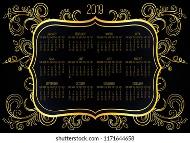 Year 2018 vector monthly calendar. Week starting from Sunday. Victorian ornate golden frame design over black background.