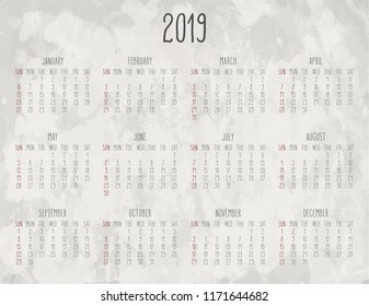 Year 2018 vector monthly calendar. Week starting from Sunday. Light grey textured vintage watercolor background.