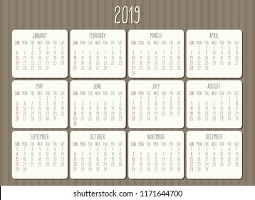 Year 2018 vector monthly calendar. Week starting from Sunday. Vintage brown stripes design.
