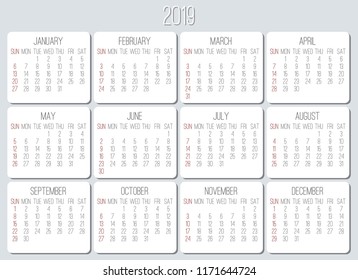 Year 2018 vector monthly calendar. Week starting from Sunday. Plain light grey and white contemporary design.