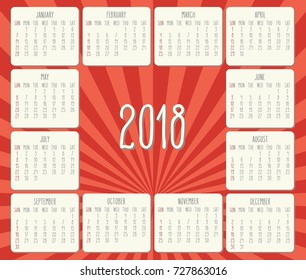 Year 2018 vector monthly calendar. Hand drawn numbers, white planks over red rays background. Week starting from Sunday.