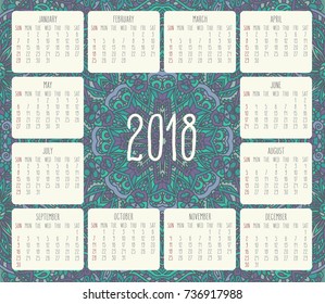 Year 2018 vector monthly calendar over lacy doodle hand drawn teal and purple background, week starting from Sunday.