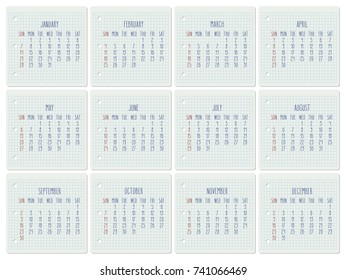 Year 2018 vector monthly calendar on a squared notebook page. Week starting from Sunday. Hand written typography.