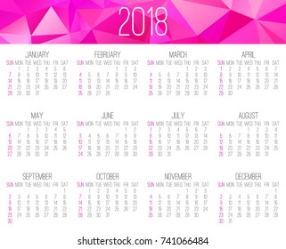 Year 2018 vector monthly calendar. Week starting from Sunday. Contemporary low poly design in pink color.