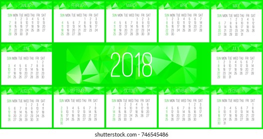 Year 2018 vector monthly calendar. Week starting from Sunday. Contemporary low poly design in green color.