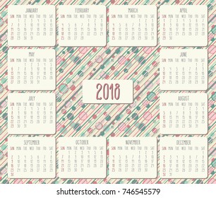 Year 2018 vector monthly calendar. Hand drawn over pastel colored polka dot background. Week starting from Sunday.
