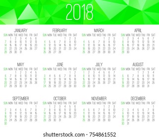 Year 2018 vector monthly calendar. Week starting from Sunday. Contemporary low poly design in green color.
