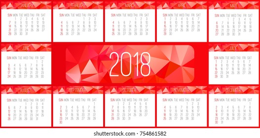 Year 2018 vector monthly calendar. Week starting from Sunday. Contemporary low poly design in vibrant red color.