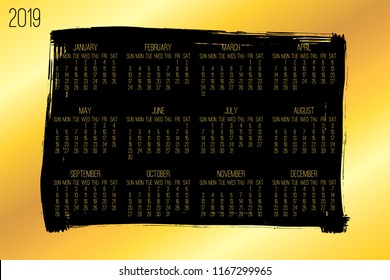 Year 2018 vector monthly modern calendar. Week starting from Sunday. Contemporary wide golden brush stroke framw design over black background.