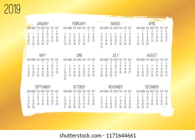 Year 2018 vector monthly modern calendar. Week starting from Sunday. Contemporary wide golden brush stroke frame design.