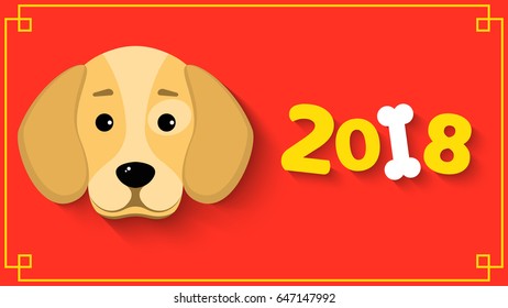 The year 2018 is a yellow earth dog. A lovely cartoon dog looks. Cartoon figures with a shadow. Red background with yellow pattern. Cover for the calendar. Vector illustration in a flat style