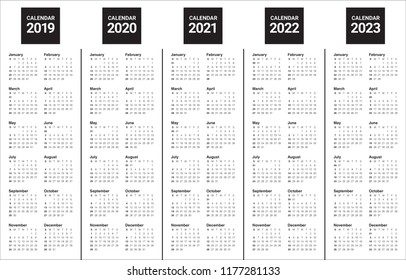 Year 2019 2020 2021 2022 2023 calendar vector design template, simple and clean design