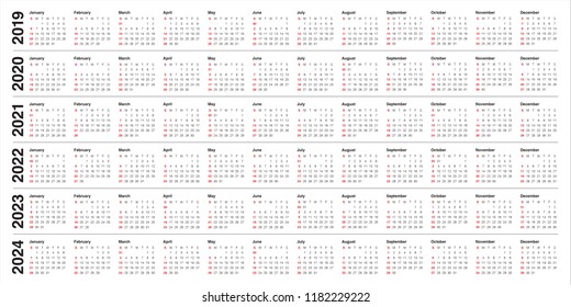 Year 2019 2020 2021 2022 2023 2024 calendar vector design template, simple and clean design