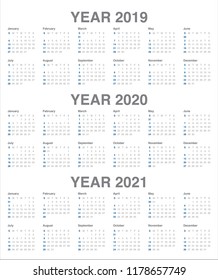 Year 2019 2020 2021 calendar vector design template, simple and clean design
