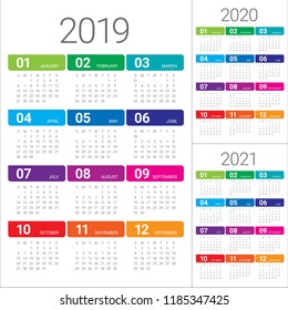 Year 2019 2020 2021 calendar vector design template, simple and clean design