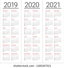 Year 2019 2020 2021 calendar vector design template, simple and clean design