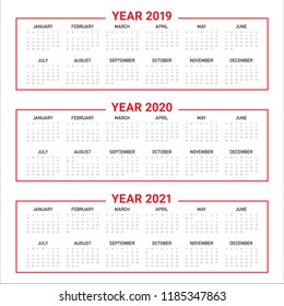 Year 2019 2020 2021 Calendar Vector Design Template, Simple And Clean Design