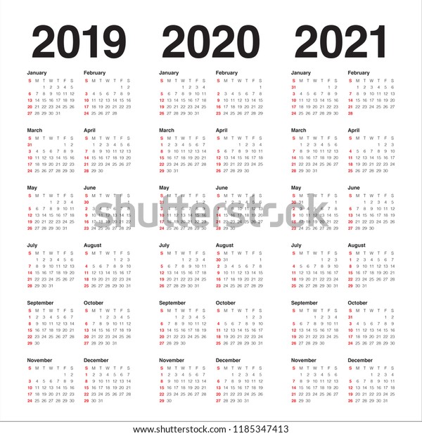 Year 2019 2020 2021 Calendar Vector Stock Vector Royalty Free 1185347413