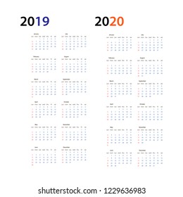 Year 2019 and Year 2020 calendar horizontal vector design template, simple and clean design. Calendar for 2019 and 2020 on White Background for organization and business. Week Starts Sunday.