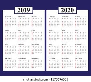 Year 2019 2020 calendar vector design template, simple and clean design