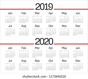 Year 2019 2020 calendar vector design template, simple and clean design