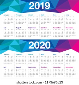 Year 2019 2020 calendar vector design template, simple and clean design