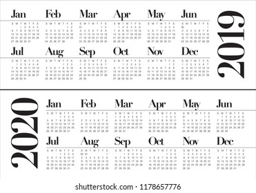 Year 2019 2020 calendar vector design template, simple and clean design