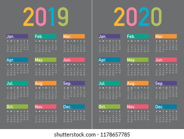 Year 2019 2020 calendar vector design template, simple and clean design