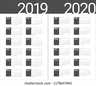 Year 2019 2020 calendar vector design template, simple and clean design