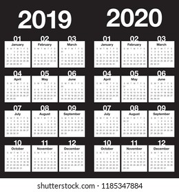 Year 2019 2020 calendar vector design template, simple and clean design