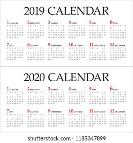 Year 2019 2020 calendar vector design template, simple and clean design