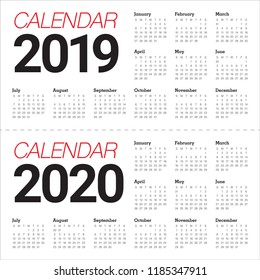 Year 2019 2020 calendar vector design template, simple and clean design