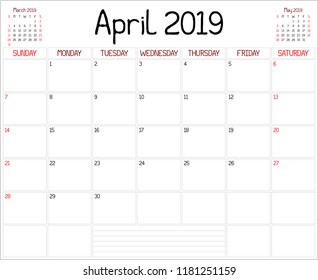 Year 2019 April Planner - A monthly planner calendar for April 2019 on white. A custom handwritten style is used.