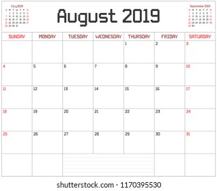 Year 2019 August Planner - A monthly planner calendar for August 2019 on white. A square pixel style is used.