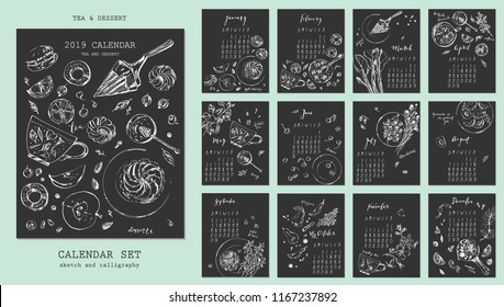 Year 2019 calendar with calligraphy elements and seasonal dessert sketch drawings. Fruit, berries, cakes, rhubarb oie, spicy pear, marshmallow, lemonade, tea, mulled wine.