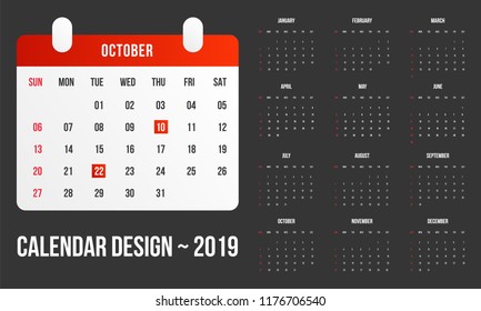 Year 2019, Calendar Design.