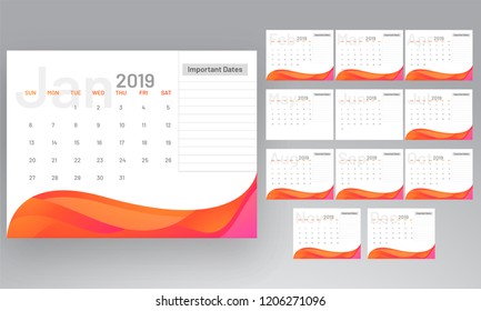 Year 2019, Calendar design with space for your important dates.