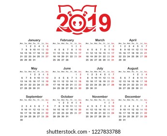 Year 2019 calendar horizontal vector design template, simple and clean design. Calendar for the year 2019 with stylized symbol of the year - pig for organization and business. Week Starts Monday.