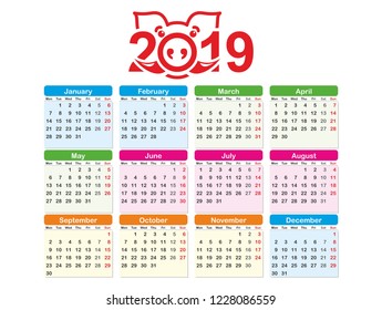 Year 2019 calendar horizontal vector design template, multicolor. Calendar for the year 2019 with stylized symbol of the year - pig for organization and business. Week Starts Monday.