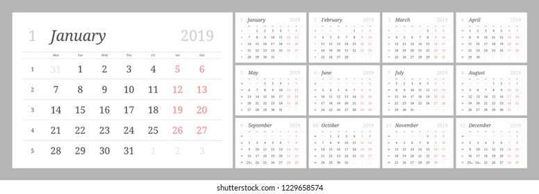 Year 2019 calendar horizontal vector design template with numbers of days of weeks. Week Starts Monday.