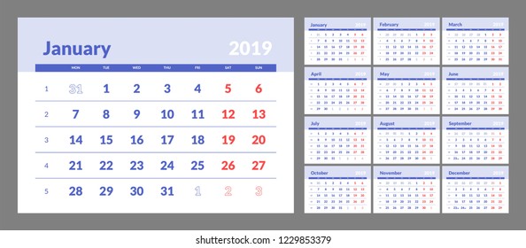 Year 2019 calendar horizontal vector design template with numbers of days of weeks. Week Starts Monday.