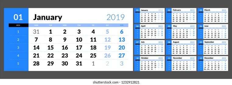 Year 2019 calendar horizontal vector design template with numbers of days of weeks. Week Starts Monday.