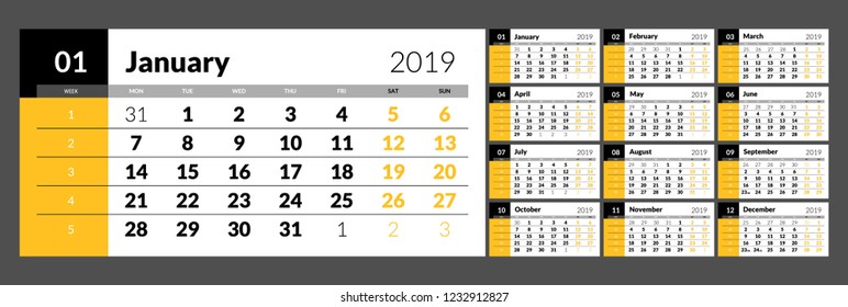 Year 2019 calendar horizontal vector design template with numbers of days of weeks. Week Starts Monday.