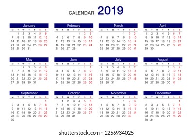 Year 2019 calendar horizontal vector design template, simple and clean design. Colorful New Year calendar for 2019 on White Background for organization and business. Week Starts Monday.
