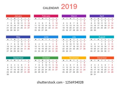 Year 2019 calendar horizontal vector design template, simple and clean design. Colorful New Year calendar for 2019 on White Background for organization and business. Week Starts Monday.